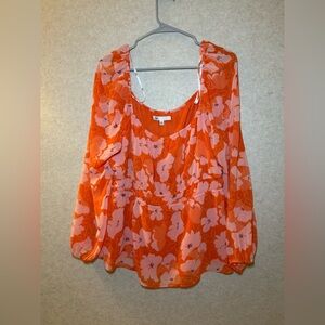 DR2 by Daniel Rainn Sheer Peasant Blouse Orange Pink Flower Design Size XXL